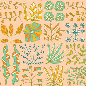 Doodle Hand-Drawn Flowers Leaves Herbs in Retro Colours Turquoise Yellow Orange Blush Green Blue - UnBlink Studio by Jackie Tahara