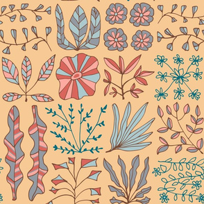 Doodle Hand-Drawn Flowers Leaves Herbs in Earth Colours Pink Orange Red Brown Blue - UnBlink Studio by Jackie Tahara