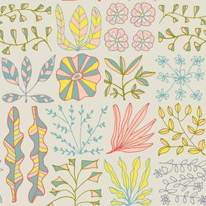 Doodle Hand-Drawn Flowers Leaves Herbs in Retro Colours Turquoise Yellow Orange Blush Green Blue - UnBlink Studio by Jackie Tahara