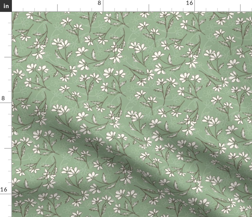 hand drawn floral - green and brown - ditsy