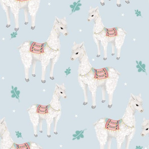 Llamas And Leaves On Light Blue