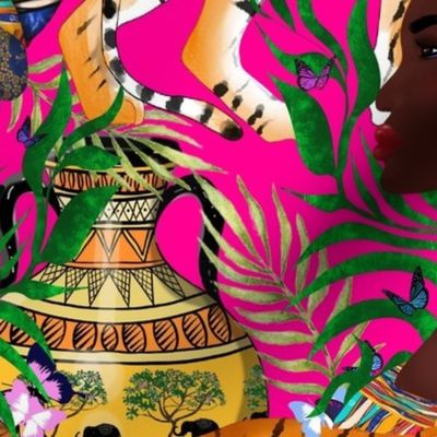 African woman,tiger,exotic ,colourful pattern 