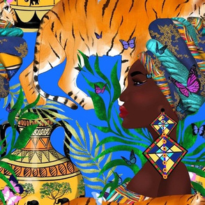 African woman,tiger,exotic ,colourful pattern 