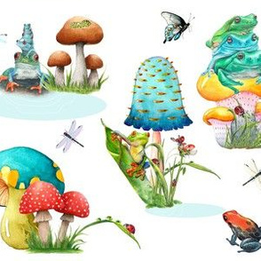 Frogs Toadstools and Bugs In Red Yellow Blue