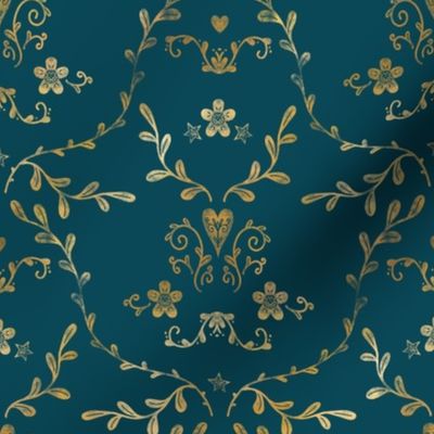 Faux Gold Damask on Midnight Blue