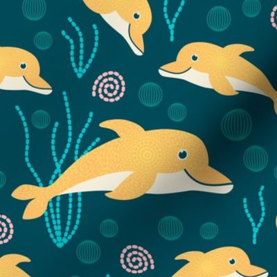 Dolphins goldenrod yellow turquoise sea Wallpaper