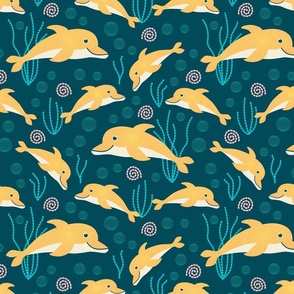 Dolphins goldenrod yellow turquoise sea Wallpaper