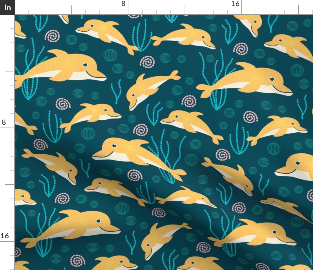 Dolphins goldenrod yellow turquoise sea Wallpaper