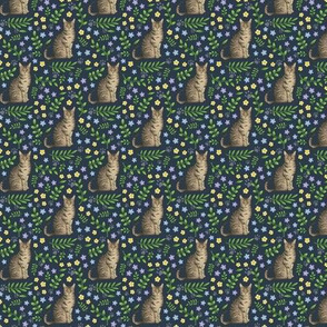 Floral Tabby Cat on dark navy grey - small scale