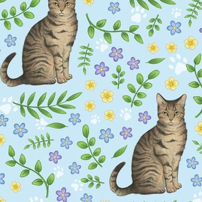 Floral Tabby Cat on light blue - large scale