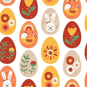 Medium Colorful Easter Bunny Eggs Bright Spring Folk Flowers White Rabbit Chickens