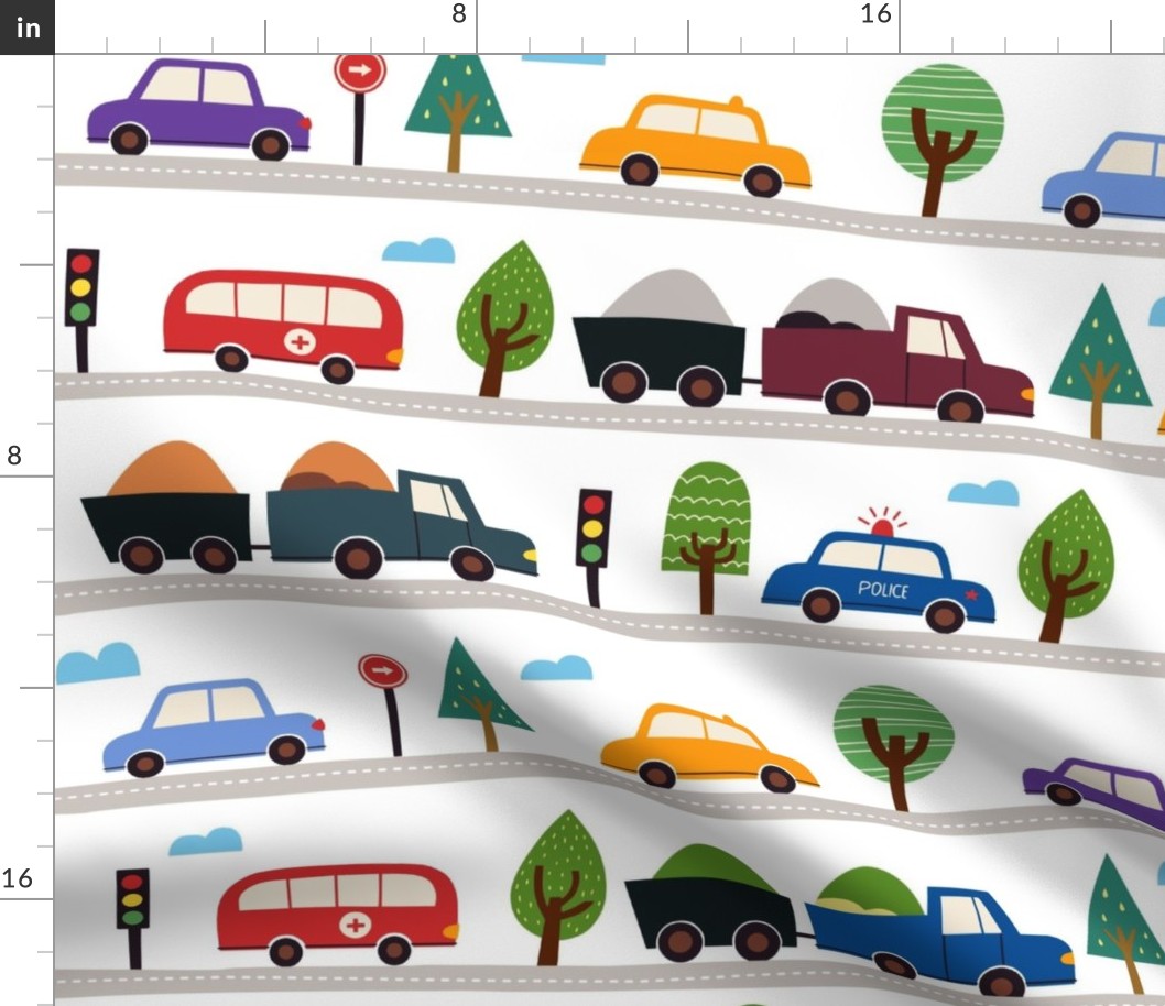 Large Colorful City Life Cars Trucks Busses Roads 