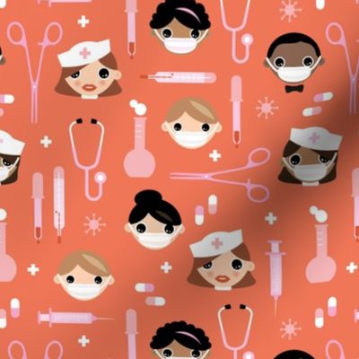 Nurses and doctors medical theme with scissors pills and first aid items coral orange pink