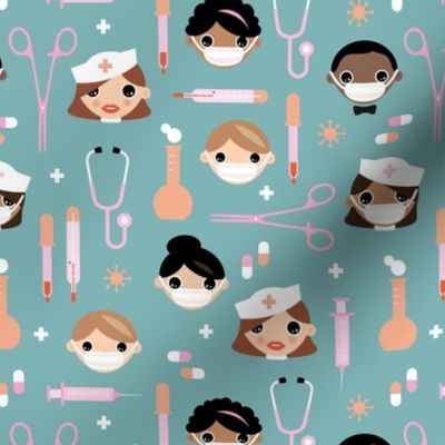 Nurses and doctors medical theme with scissors pills and first aid items blue peach pink