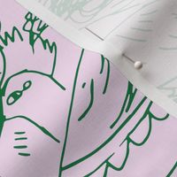 Line drawing birds in pink and green