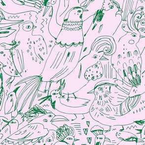 Line drawing birds in pink and green