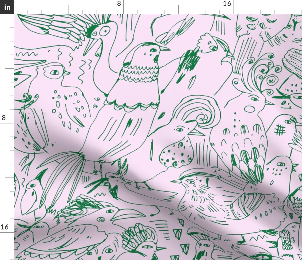 Line drawing birds in pink and green