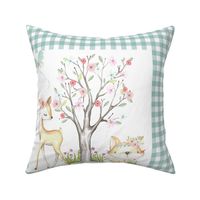 18” WhisperWood Deer + Fox (ice blue gingham) Pillow Front with dotted cutting lines