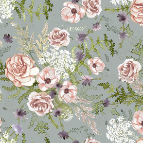 Hand drawn wild flower bouquet in stone, pink and gray, large scale, woodland flowers, wild flowers, rose, fern, floral wallpaper, nursery wallpaper, home decor, romantic floral, cottage core, 