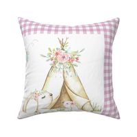 18” WhisperWood Bunny + Teepee (mulberry gingham) Pillow Front with dotted cutting lines