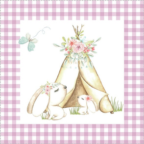 18” WhisperWood Bunny + Teepee (mulberry gingham) Pillow Front with dotted cutting lines