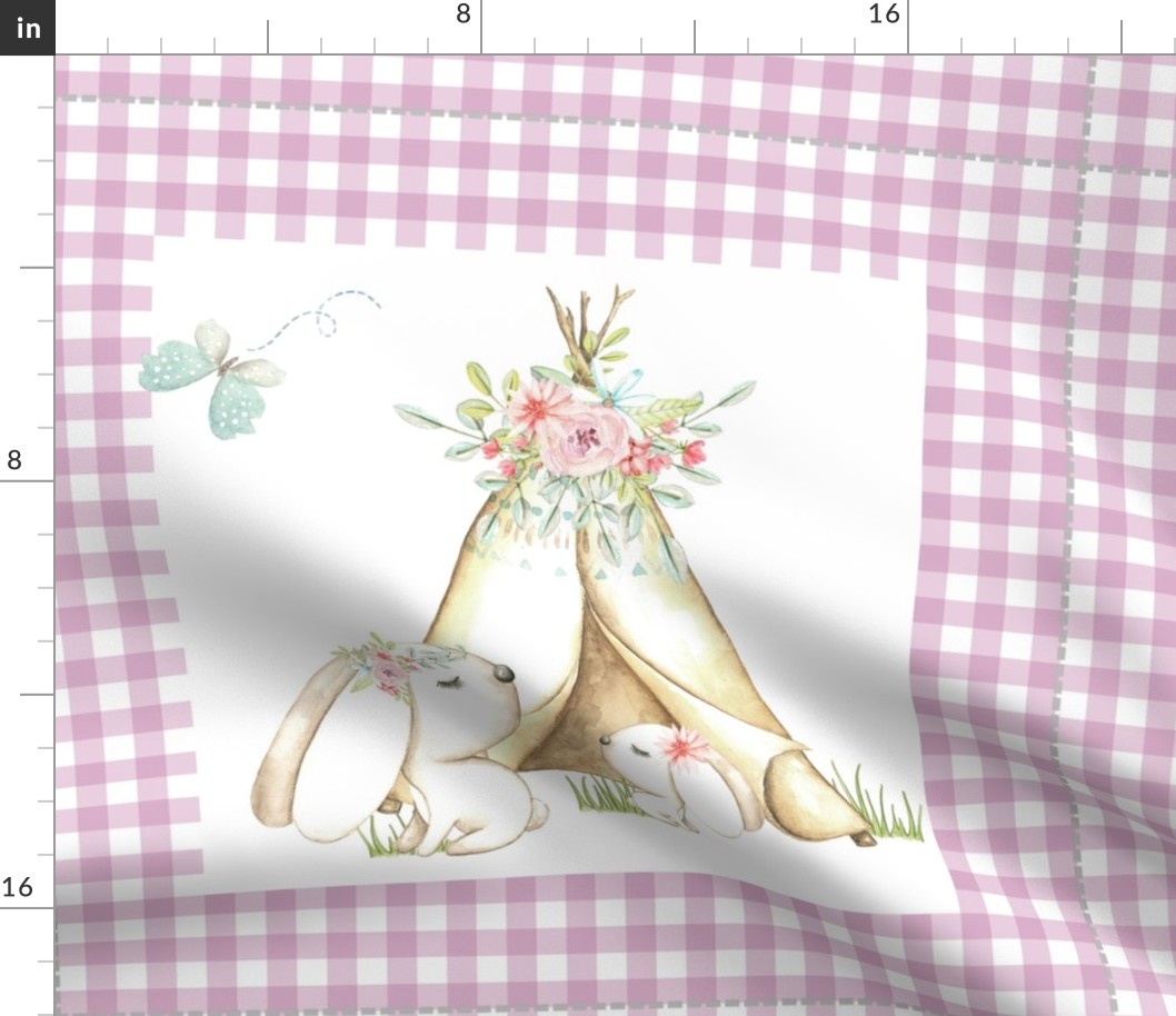 18” WhisperWood Bunny + Teepee (mulberry gingham) Pillow Front with dotted cutting lines