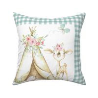 18” WhisperWood Deer + Teepee (ice blue gingham) Pillow Front with dotted cutting lines
