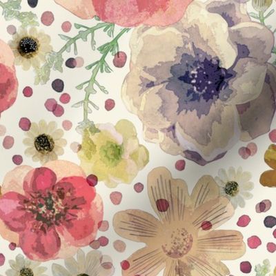 Hand Painted Floral Large- Romantic Large Scale Watercolor Flowers- Spring Roses, Daisies and Wildflowers- Botanical Wallpaper