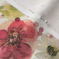 Hand Painted Floral Large- Romantic Large Scale Watercolor Flowers- Spring Roses, Daisies and Wildflowers- Botanical Wallpaper