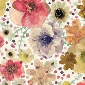 Hand Painted Floral Medium- Romantic Watercolor Flowers- Spring Roses, Daisies and Wildflowers- Botanical Wallpaper