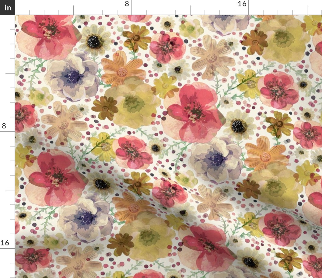 Hand Painted Floral Medium- Romantic Watercolor Flowers- Spring Roses, Daisies and Wildflowers- Botanical Wallpaper