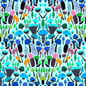  Magic mushrooms fabric - rainbow mushrooms, fungus, hippie design - Brights blue