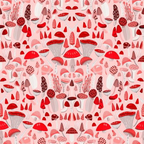  Magic mushrooms fabric - rainbow mushrooms, fungus, hippie design - Red