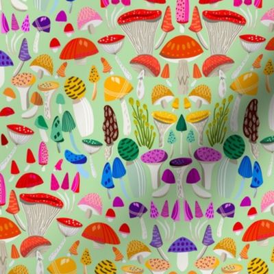  Magic mushrooms fabric - rainbow mushrooms, fungus, hippie design - Mint rainbow