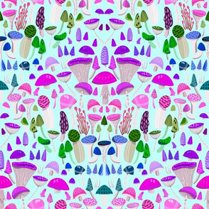  Magic mushrooms fabric - rainbow mushrooms, fungus, hippie design - Aqua and purple 