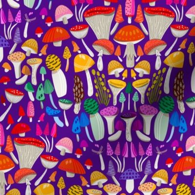 Magic mushrooms fabric - rainbow mushrooms, fungus, hippie design - Purple