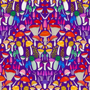  Magic mushrooms fabric - rainbow mushrooms, fungus, hippie design - Purple