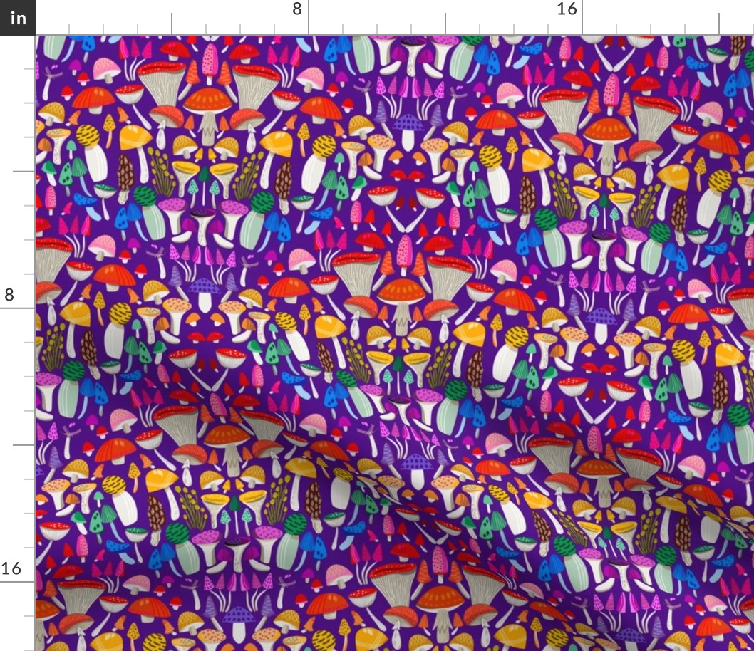  Magic mushrooms fabric - rainbow mushrooms, fungus, hippie design - Purple