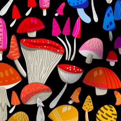  Magic mushrooms fabric - rainbow mushrooms, fungus, hippie design - Black