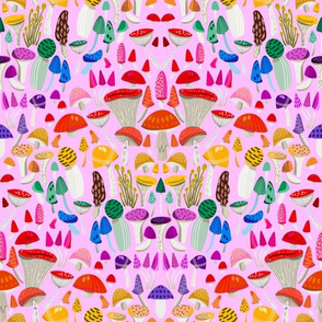  Magic mushrooms fabric - rainbow mushrooms, fungus, hippie design - pink rainbow