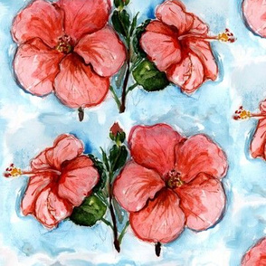 Watercolor Pink Hibiscus Flowers