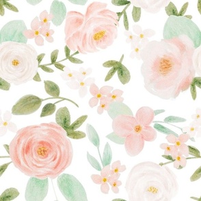 Large Dainty Spring Watercolor Flowers in Pale Peachy Coral Ivory and Mint