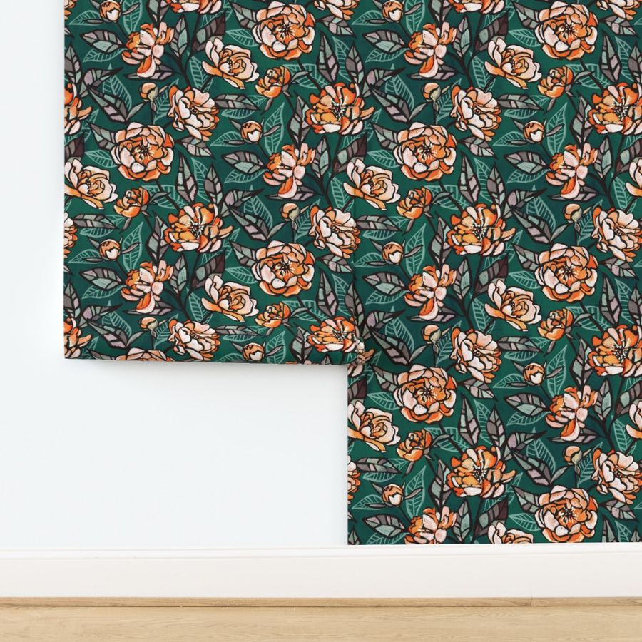 Chalk Pastel Peonies in Coral and Peach on Deep Emerald Green - large