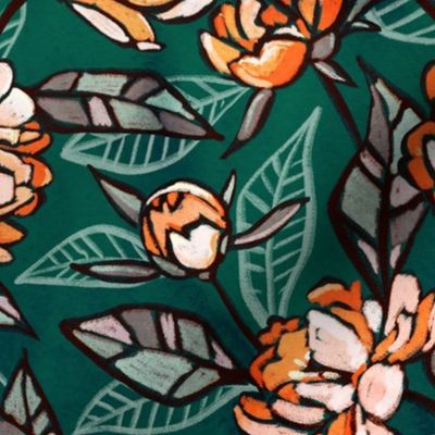 Chalk Pastel Peonies in Coral and Peach on Deep Emerald Green - large