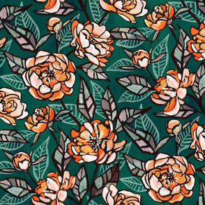 Chalk Pastel Peonies in Coral and Peach on Deep Emerald Green - large