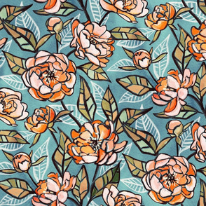 Chalk Pastel Peonies in Apricot on Soft Blue - large