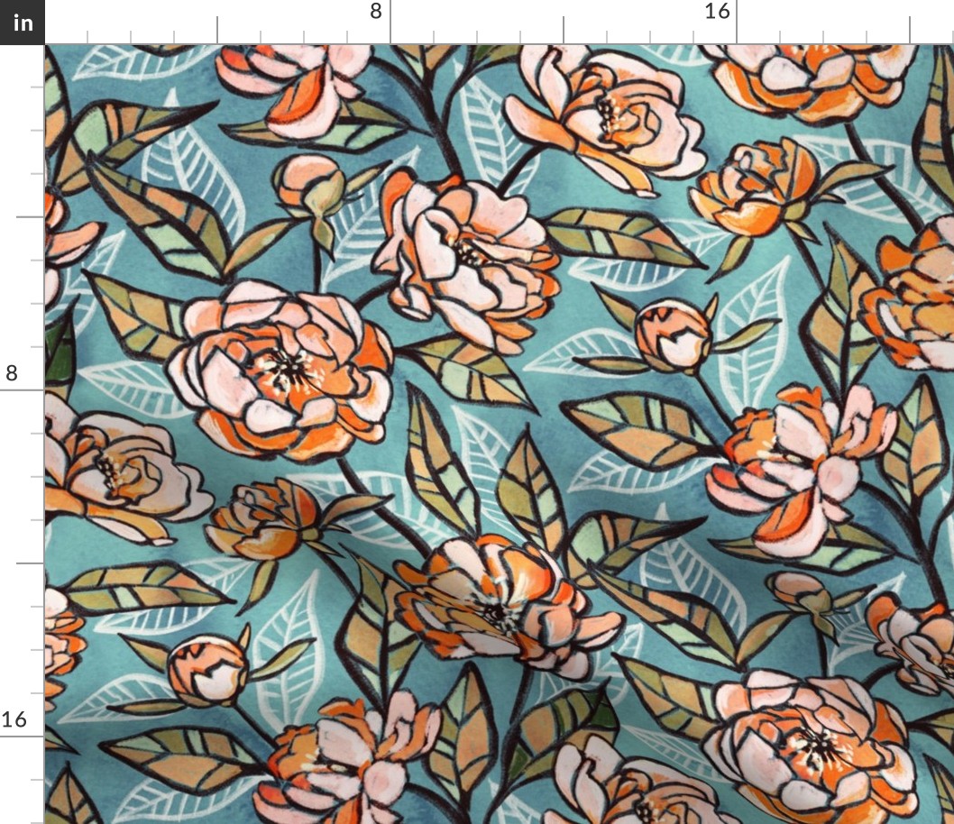 Chalk Pastel Peonies in Apricot on Soft Blue - large