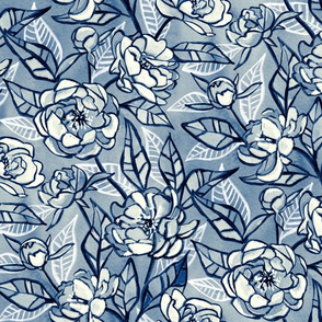 Chalk Pastel Peonies in Monochrome Blue - large