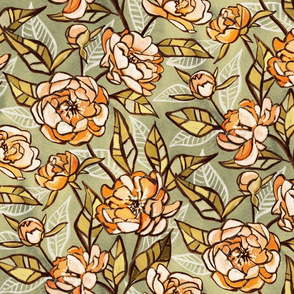 Chalk Pastel Peonies in Soft Apricot and Sage Green - large