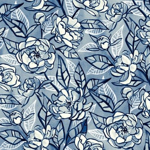 Chalk Pastel Peonies in Monochrome Blue - medium